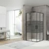 Box Doccia Angolare Arek 80x80 H190 Porte Scorrevoli Cristallo 6 Mm Trasparente Serigrafato Nero Opaco -arredo bagno negozio arek porta porta quadrato nero opaco 1