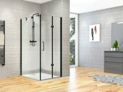 Box Doccia Angolare Fantasy2 70x80 H192 Porta Pieghevole E Lato Fisso Cristallo 6 Mm Trasparente Nero Opaco