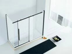 Box Sopravasca Velo Cm 170x80 H150 Porta Scorrevole Destra Cristallo Serigrafato Profili Nero Opaco