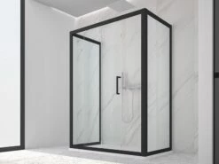 Box Doccia Zen 70x120x70 H190,4 Porta Scorrevole E 2 Lati Fissi Cristallo 6 Mm Trasparente Nero Opaco